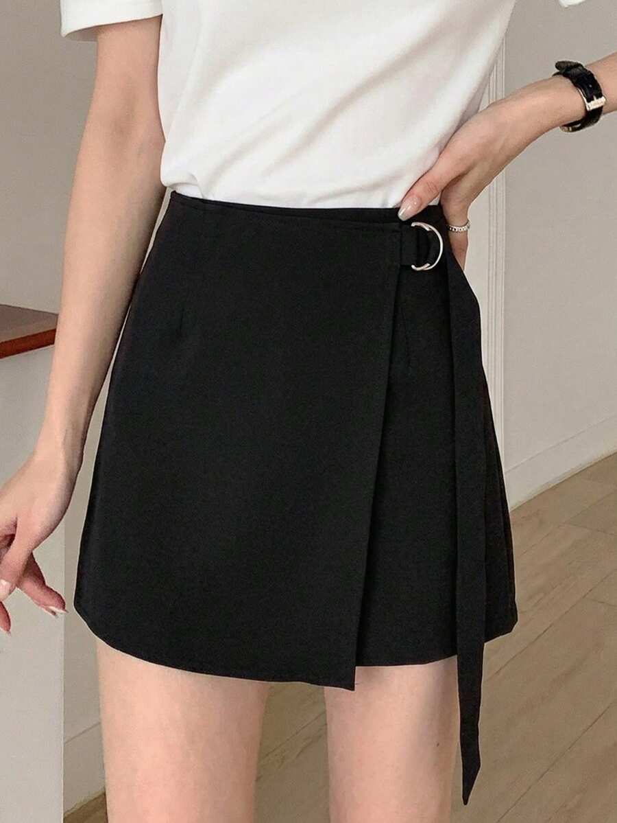 DAZY 女士纯色休闲不对称下摆飘逸半身裙短裤 - 黑色 - 查看 1