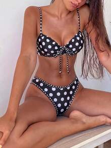 Swim Mod 復古美式甜辣風女款坦基尼泳衣套裝，Bralette 內墊式胸罩、可調式細肩帶、前蝴蝶結、後綁帶、白色滾邊三角泳褲，復古美式甜辣風，適合夏季度假、音樂節、海灘派對、泳池派對，吸睛、隨性、煥發活力，海灘穿搭 - 棕色 - 查看 4