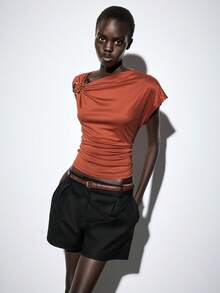 Lumivelle Women's Summer Metal Buckle Decor T-Shirt, Waist Ruched Slim Fit Casual Sexy Daily Night Out Party Rusty Orange - Redwood - View 5