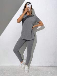 SHEIN Essnce Women's Casual Sports Daily Commute Simple Solid Color Short Sleeve Split Hem T-Shirt And Leggings 2-Piece Set, Spring/Summer,Summer Outfits For Women - Grey - View 6