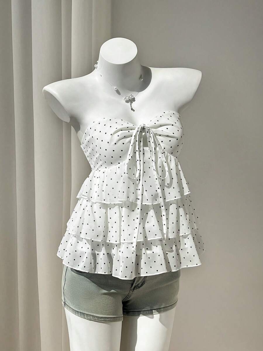 Flirla Women's White Polka Dot Blouse, Sexy Slim Fit, Hollow Front, Ruffle Hem, Layered Design, Suitable For Vacation, Travel, Entertainment, Beach - White - View 1