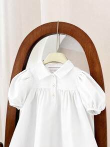 SHEIN LMoss Kids 女婴可爱短袖翻领连衣裙，夏季 - 白色 - 查看 3