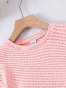 SHEIN LMoss Kids 两件套女童针织纯色圆领宽松T恤和修身短裤套装 - 粉色 - 查看 7