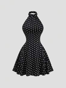 Sweetra Vintage Retro Polka Dot Neckholder Kleid, rückenfrei, tailliert, Schmetterling, Urlaub, Schwarz und Weiß, Sommer - Schwarz - Übersicht 1