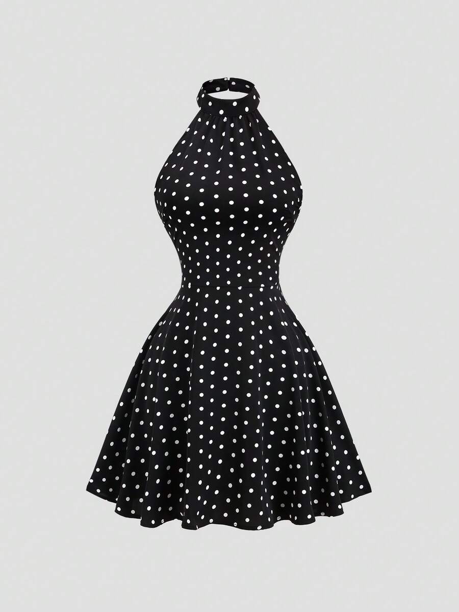 Sweetra Vintage Retro Polka Dot Neckholder Kleid, rückenfrei, tailliert, Schmetterling, Urlaub, Schwarz und Weiß, Sommer - Schwarz - Übersicht 1