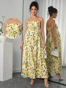 SHEIN Đầm maxi bầu không tay in họa tiết chanh, tươi mát và ngọt ngào, thiết kế xếp ly eo và xòe rộng, thoải mái, mang đến cảm giác nghỉ dưỡng, phù hợp cho bà bầu. - Nhiều màu - Xem 3