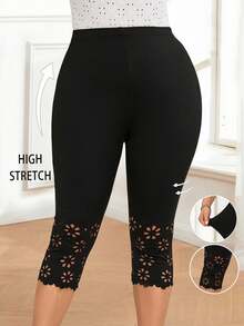SHEIN Tall CURVE Quần legging nữ cỡ lớn màu đen dài đến khuỷu tay (7/8), kiểu dáng tối giản và thời trang, phù hợp cho mùa hè, kỳ nghỉ và mặc hàng ngày. - màu đen - Xem 8
