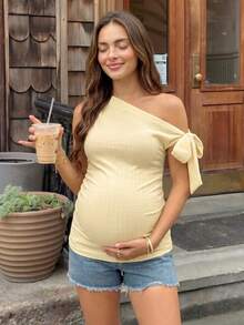Lyckli Maternity Vacation Solid Color Asymmetric Neck Twist Design Fashionable Blouse - Yellow - View 2