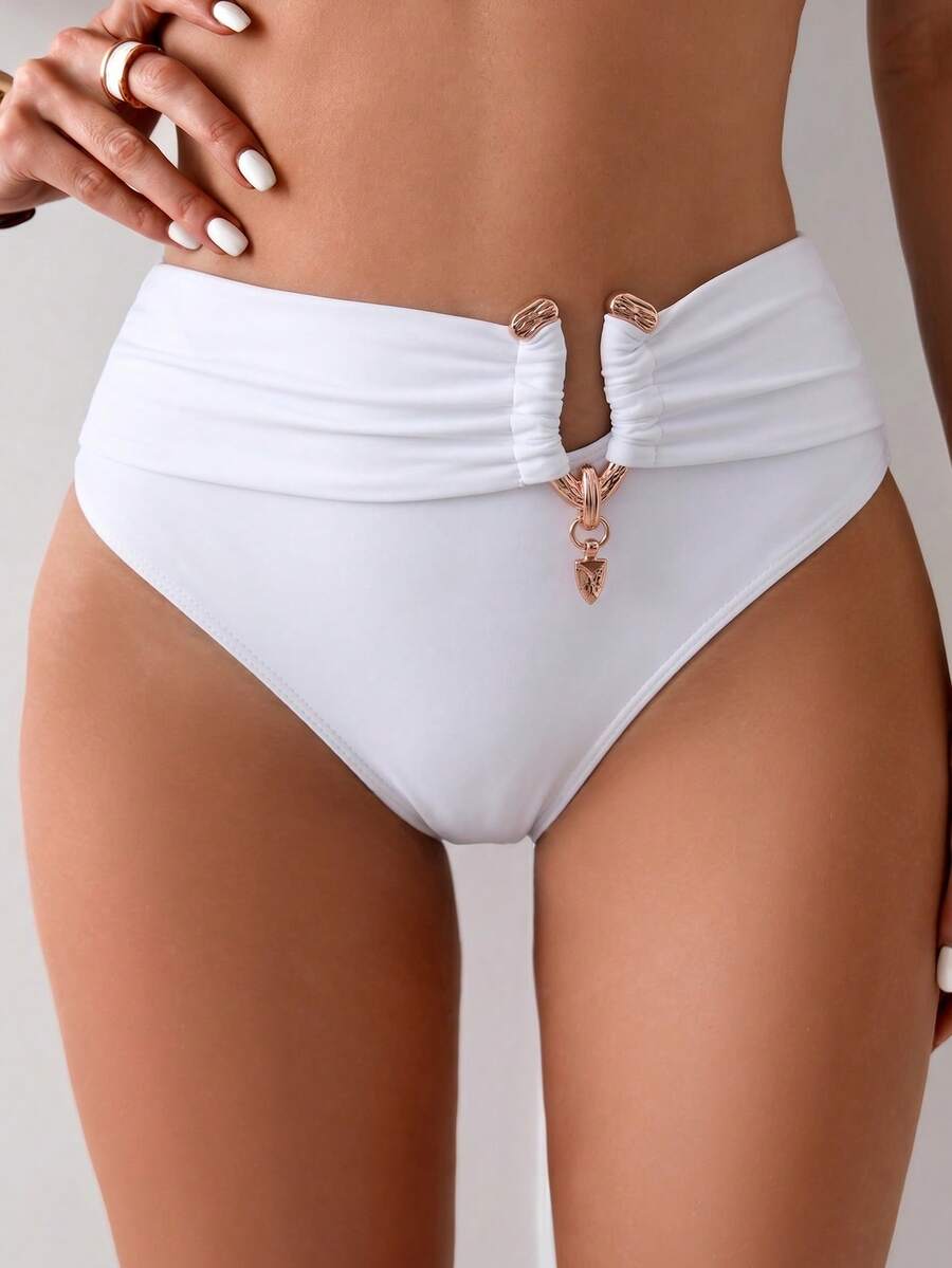 Oceva Women's Summer Vacation Beach Ruched Metal Decor Triangle Bikini Bottom - White - View 1