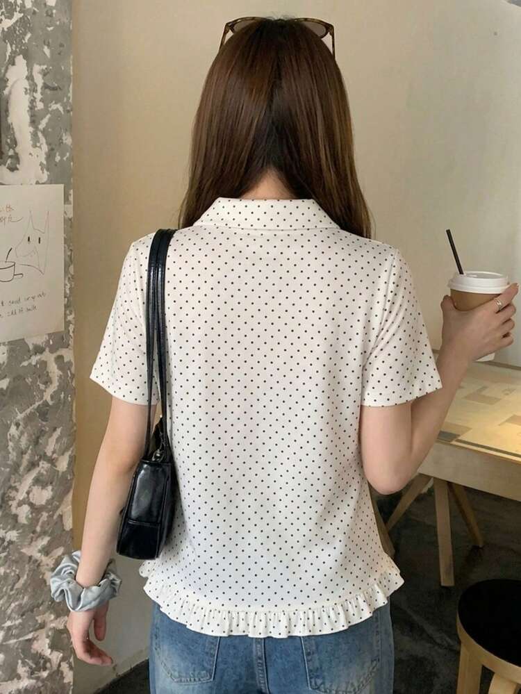 Women's Fresh Korean Style Polka Dot Print Ruffle Hem Short Sleeve Blouse