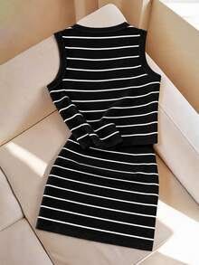 GlowEve 2 pièces/Set Top court sans manches à rayures bicolores et mini-jupe taille haute pour femmes, sexy et élégant, convient pour les rendez-vous, la Saint-Valentin, les fêtes, les vacances, les trajets quotidiens - Noir et Blanc - Voir 2