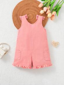 SHEIN Playful Pals 1件女嬰休閒可愛舒適水洗棉牛仔無袖連身褲，附蝴蝶結 - 粉色 - 查看 2