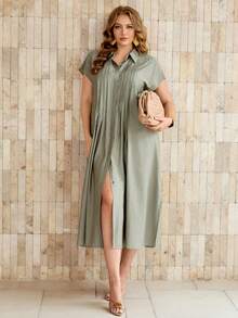 Roveilla Plus Size Women Summer Elegant Sage Green Sommar Midi Dress,Shirt Collar Raglan Sleeve Loose  Pleated Button Front Smart Casual Everyday Retro Office - Green - View 6