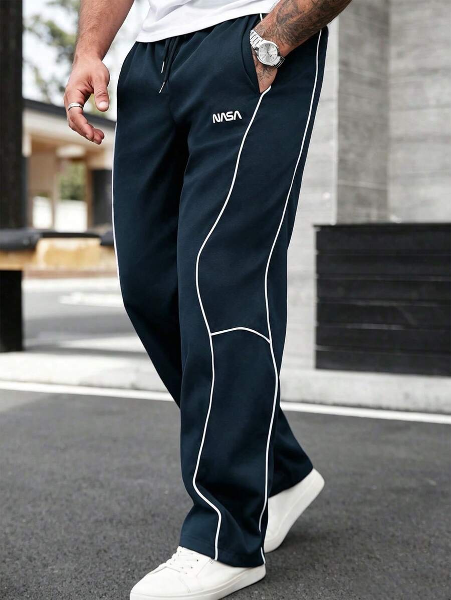 Manfinity CasualCool 男士休闲畅销直筒裤,INS 高街嘻哈风格,侧边白色抽绳,黑色面料,适合所有季节和日常穿着,送给男友/老公的必备礼物,男士休闲服饰,Y2K - 藏蓝色 - 查看 1