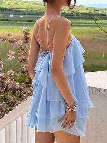 Vowa Elegant Cold Shoulder Chiffon Multilayer Ruffle Hem A-Line Dress For Wedding Rehearsal Dinner Gala Dinner Hen Party Baby Shower Formal White Summer - Baby Blue - View 11