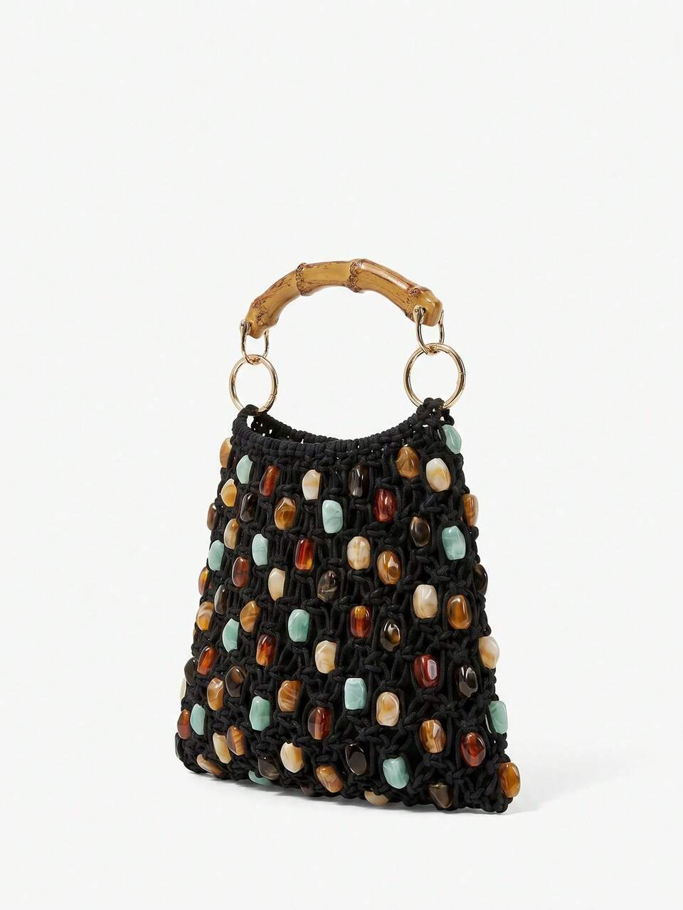 SHEIN Maija Moda femenina, elegancia y sencillez, bolso de mano de cuentas acrílicas de colores tejidas a mano con diseño hueco, para vacaciones de verano en la playa