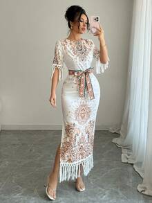 Rafferiza Round Neck Side Slit Hem Print Long Dress For Women - White - View 3