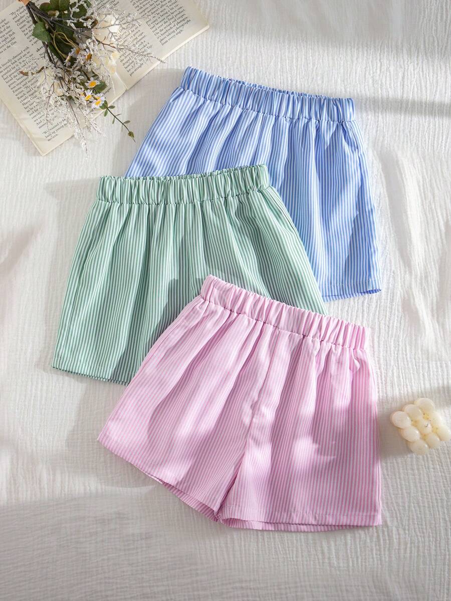 SHEIN 3件套少女条纹休闲短裤套装 - 綠色 - 查看 1