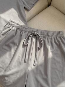 Resyla Áo lưới xuyên thấu trễ vai & quần short Bộ PJ / Bộ Pyjama không có lớp lót - Xám - Xem 5