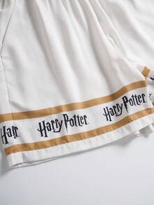 HARRY POTTER X SHEIN 男士度假条纹字母印花单排扣T恤和休闲短裤套装 - 卡其色 - 查看 9