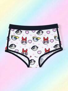 THE POWERPUFF GIRLS X SHEIN Women's Comfortable Cute Cartoon Heart Print Trim Briefs - White - View 1