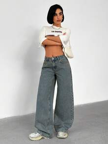 SHEIN Women's Casual Everyday Slant Pocket Wide Leg Jeans - Medium Wash - View 4