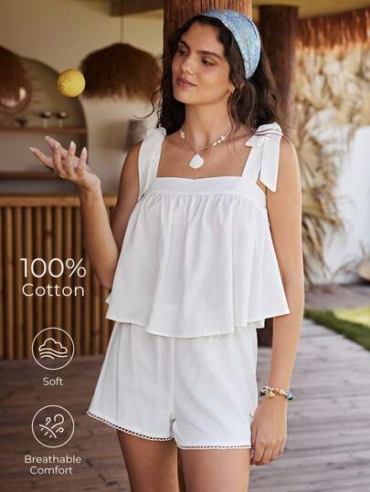 Lullawish Bộ đồ ngủ ngắn nữ kiểu Bohemian cổ điển bằng cotton, dáng đơn giản, thiết kế buộc dây, viền bèo nhún, màu trơn.