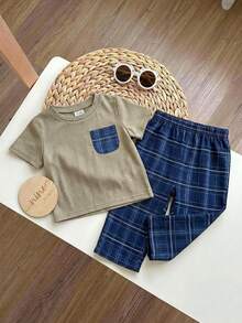 SHEIN Baby Jungen Karohemd mit Tasche & Karoshorts 2 Stücke Set, Lässig & Bequem - Hellgrau - Übersicht 10