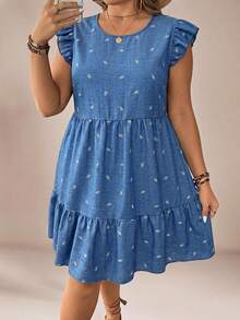 Comfylo Plus Size Women Round Neck Leaf Embroidery Ruched Casual Party Dress - Blue - View 4