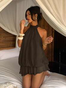 Vestido mini elegante de mujer de color amarillo claro con cuello halter y lazo, adecuado para citas y vacaciones - Cafetería - Ver 4