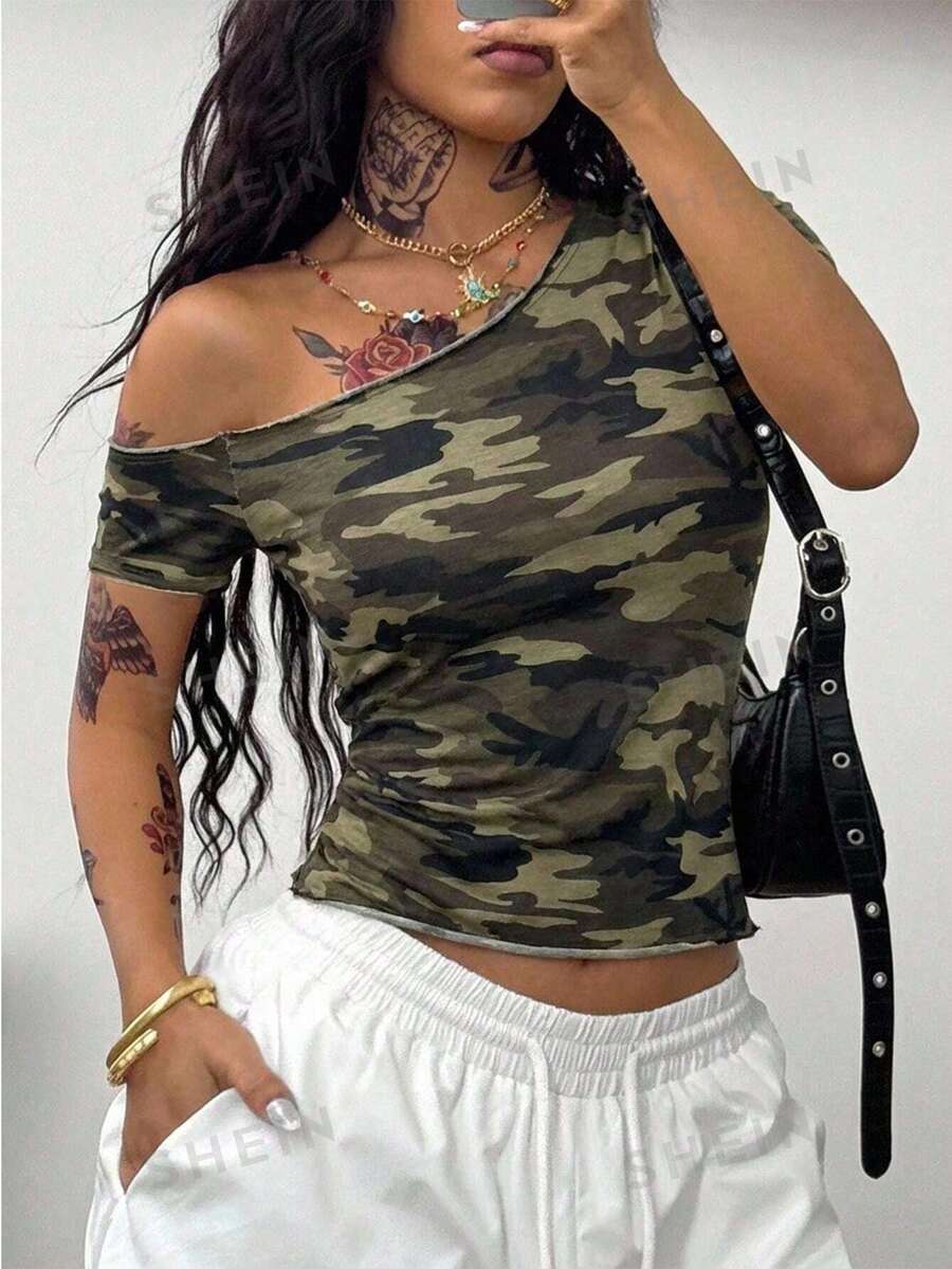 Coolane 女士休闲不对称领迷彩印花T恤,夏季 - 軍綠色 - 查看 1