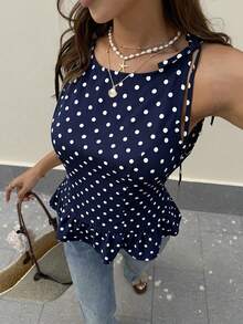 Elyressa Elegant Tropical And Stylish Summer Vest For Women With Woven Prints Beach Vacation Navy Blue Polka Dot - Royal Blue - View 3