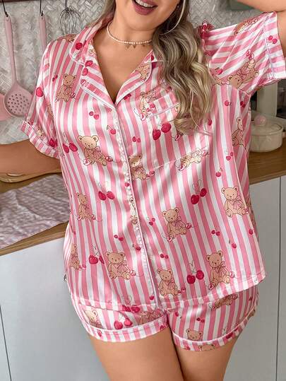 Slumberry CURVE Striped Bow Tie, Cherry Bear Print Satin Short Sleeve Plus Size Lapel Pajama Set