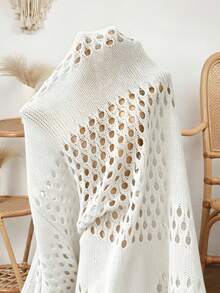 Elenzga Plus Size Solid Color Casual Long Sleeve Hollow-Out Knit Cardigan Fall - White - View 7