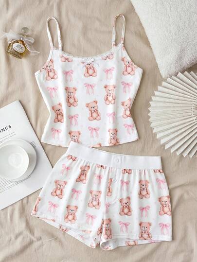Mädchen Teenager Bären Muster Trägerhemd & Shorts Set