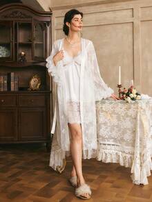 Côtesoire French Elegant Romantic Lace Patchwork V-Neck Camisole Satin Nightgown And Exaggerated Flared Lace Trim Robe Women Sleepwear Set - White - View 3