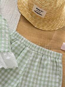 Emery Rose Kids Emery Rose Kids 2件組少女編織對比色格紋荷葉邊飾休閒背心與長褲套裝 - 綠色 - 查看 6