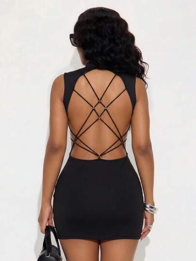 Radiana Women's Sexy Casual Distinctive Black Criss-Cross Backless Butterfly Decor Mini Bodycon Dress, Chinese Cheongsam Collar Dress, Low-Cut Collar Dress, Suitable For Casual Outings, Nights Out, Dates, Gatherings, Parties, Cocktail Events, Vacations, Holiday Trips