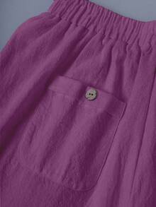 SHEIN EMERY ROSE CURVE Plus Size Washed Cotton Cinched Waist Backpocket Button Decor Short Casual Top - Purple - View 7