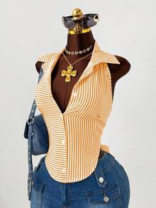 Sunspun Plus Size Women Casual Halter Neck Striped Hollow Out Shirt, Blue & White, Comfortable For Spring & Summer - Yellow - View 7