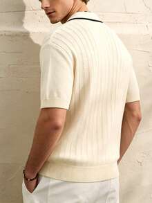 Airaco Men's Contrast Trim Hollow Out Casual Short Sleeve Knit Top, Summer - Apricot - View 2