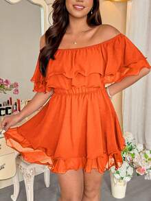 Vionelle Romper Wanita Ukuran Besar Warna Polos Elegan Lucu Peri Dua Lapis Berkerut Tanpa Bahu Cocok untuk Pernikahan, Liburan, dan Musim Panas (Oranye Terbakar) - Jeruk - View 3