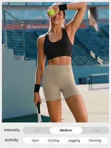 GLOWMODE 4.3" CoreHold FeatherFit™-Sculpt Pavement Pusher No Front Seam Corset Support Tummy Control Biker Shorts With Side Pockets Non-Slip Strips Medium Impact Running Jogging Training Gym Workout - Khaki - View 9