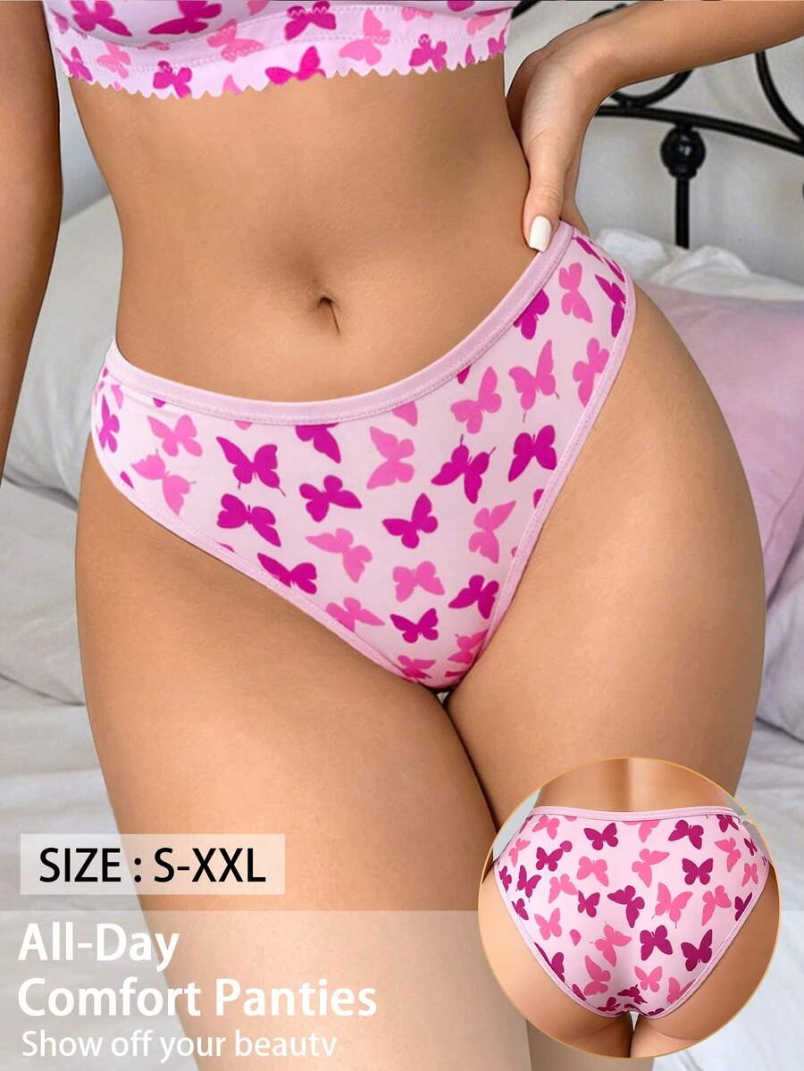 SHEIN 1 chiếc quần lót bikini nữ in họa tiết bướm thoải mái - Hồng - Xem 1