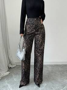 SHEIN Raffinéa Leopard Print Straight Leg Casual High Waist Loose Wide Leg Cargo Pants - Multicolor - View 7