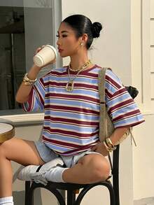 Muchica Oversized Streetwear Casual Minimalist Pattern Round Neck Short Sleeve Loose T-Shirt For Women Summer Top Vacation Burgundy - Multicolor - View 6