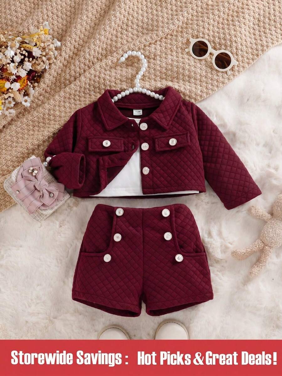 SHEIN 女童优雅时尚街头风裤装套装,春秋季 - 酒紅色 - 查看 1