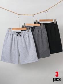 SHEIN 青少年男孩 3件組抽繩腰運動短褲，夏季休閒日常運動款，適用於學校、旅行、派對、婚禮、洗禮與開學典禮 - 彩色 - 查看 4