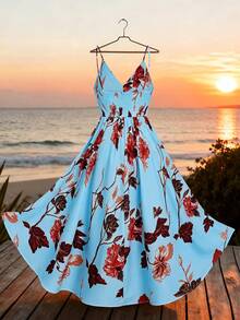 SHEIN PETITE CURVE Petite Plus Size Women's Casual Woven Long Sleeveless Elegant Spaghetti Strap Elegant Daily Beach Vacation Style Dress - Baby Blue - View 2