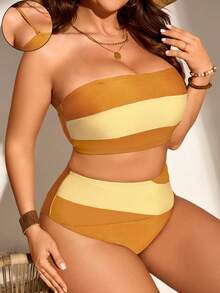 Swim Chiccia Plus Size Summer Vacation Beach Gym Contrast Color Bandeau Bikini Set - Yellow - View 5